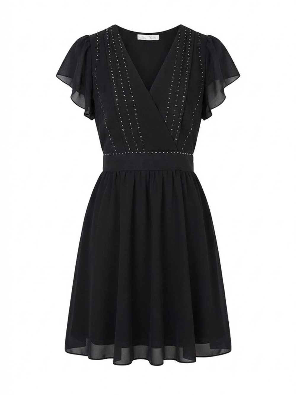 ⁠Mango Women's Black Chiffon Beaded V-Neck Flutter Sleeve Mini Dress Size XS⁠/2